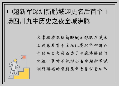 中超新军深圳新鹏城迎更名后首个主场四川九牛历史之夜全城沸腾 中超新军深圳新鹏城迎更名后首个主场四川九牛历史之夜全城沸腾