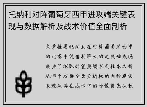 托纳利对阵葡萄牙西甲进攻端关键表现与数据解析及战术价值全面剖析 托纳利对阵葡萄牙西甲进攻端关键表现与数据解析及战术价值全面剖析
