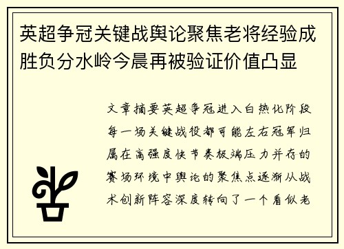 英超争冠关键战舆论聚焦老将经验成胜负分水岭今晨再被验证价值凸显